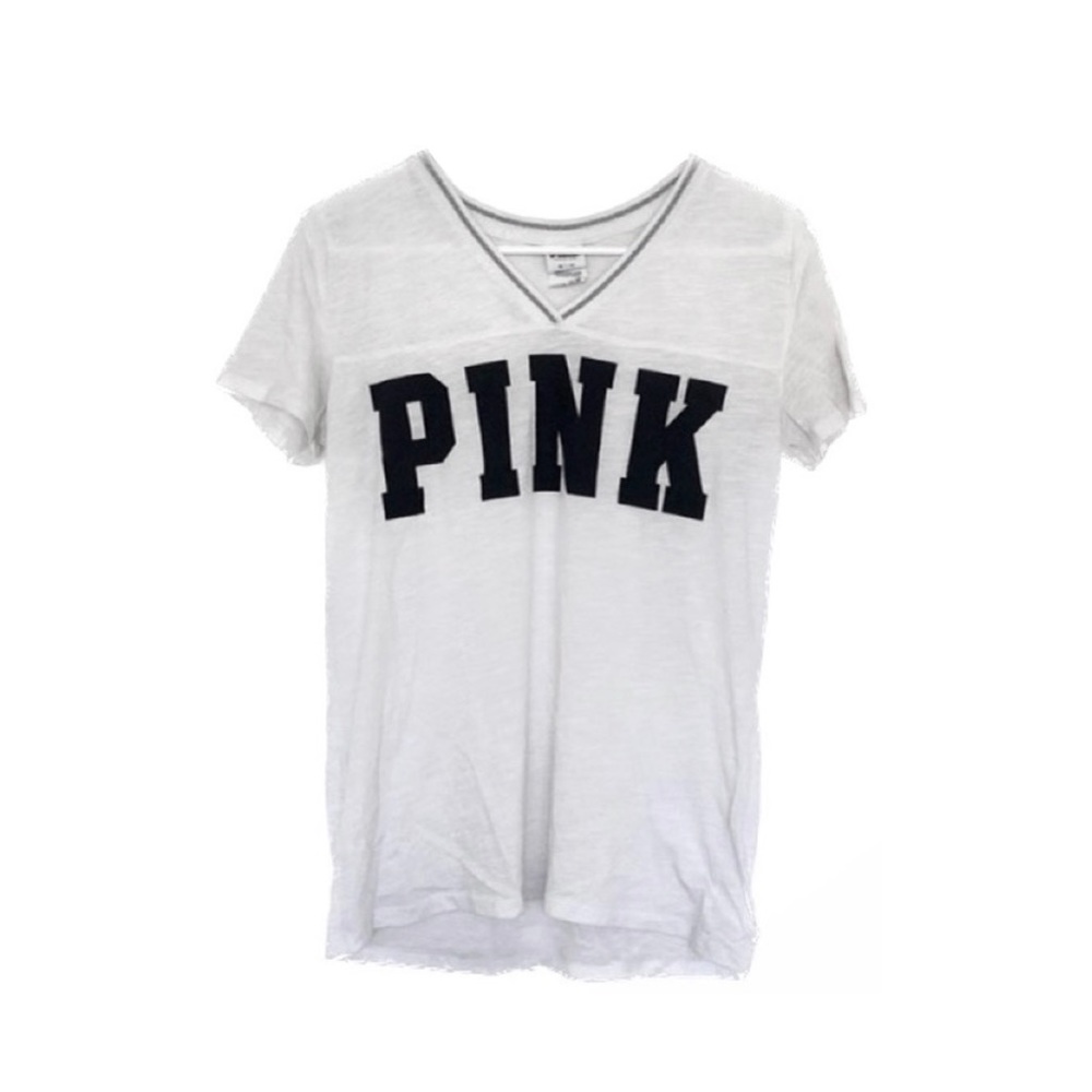 💋Victoria’s Secret VS PINK Collegiate Style White V-Neck Logo T-Shirt
